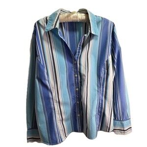 G.H. BASS Women’s XL Button Up Long Sleeve Blouse Blue White Grey Stripes